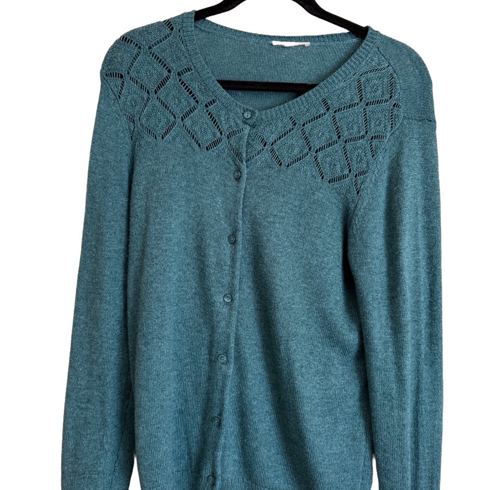 LOFT Teal Cardigan Sweater with Textured Knit Design